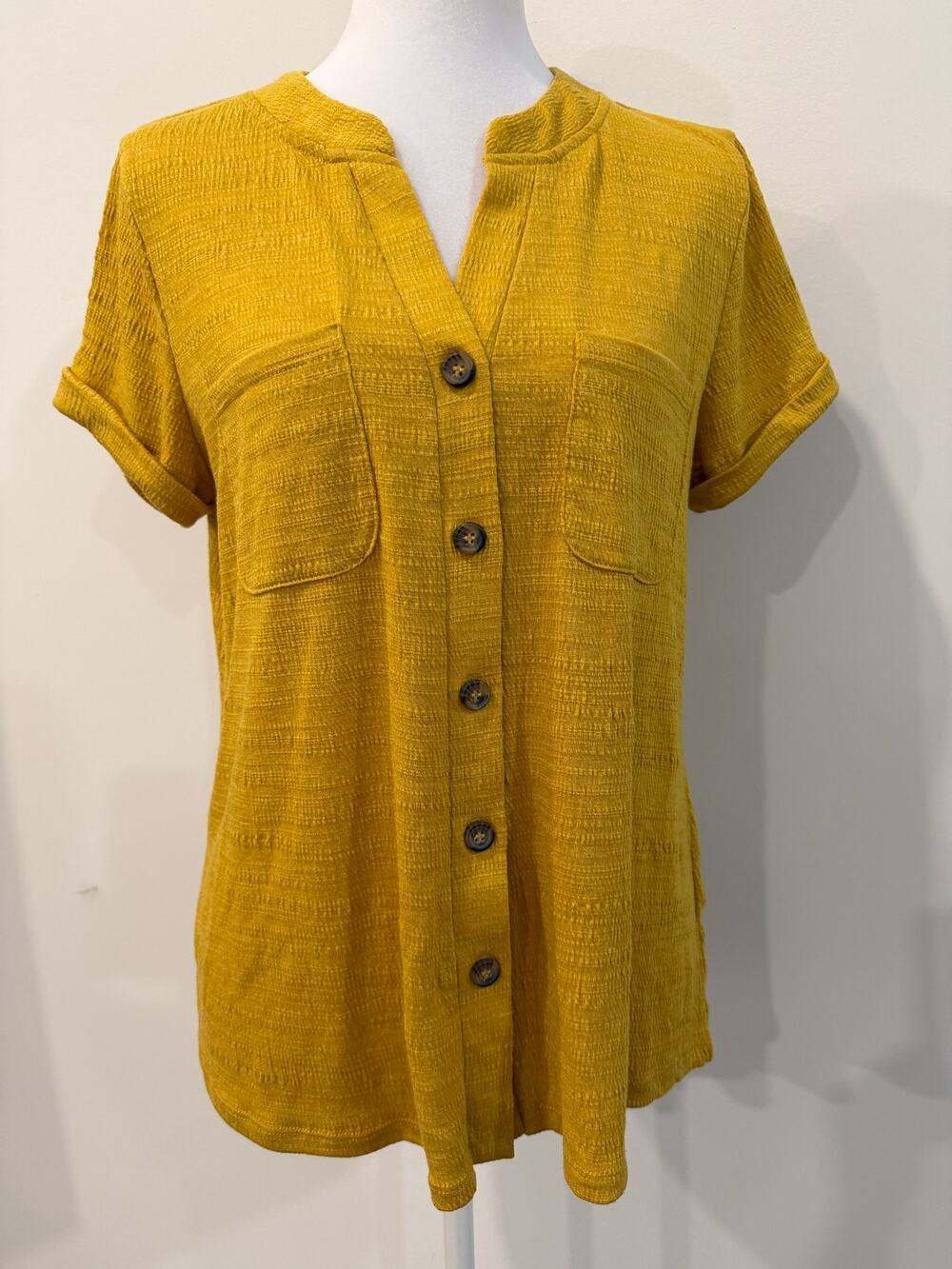 Cable & Gauge Mustard Textured Roll Tab Blouse L | Career Chic | Stitch Fix